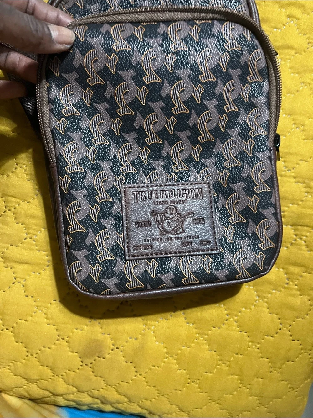 True Religion Brown Pattern Logo Crossbody Sling Bag